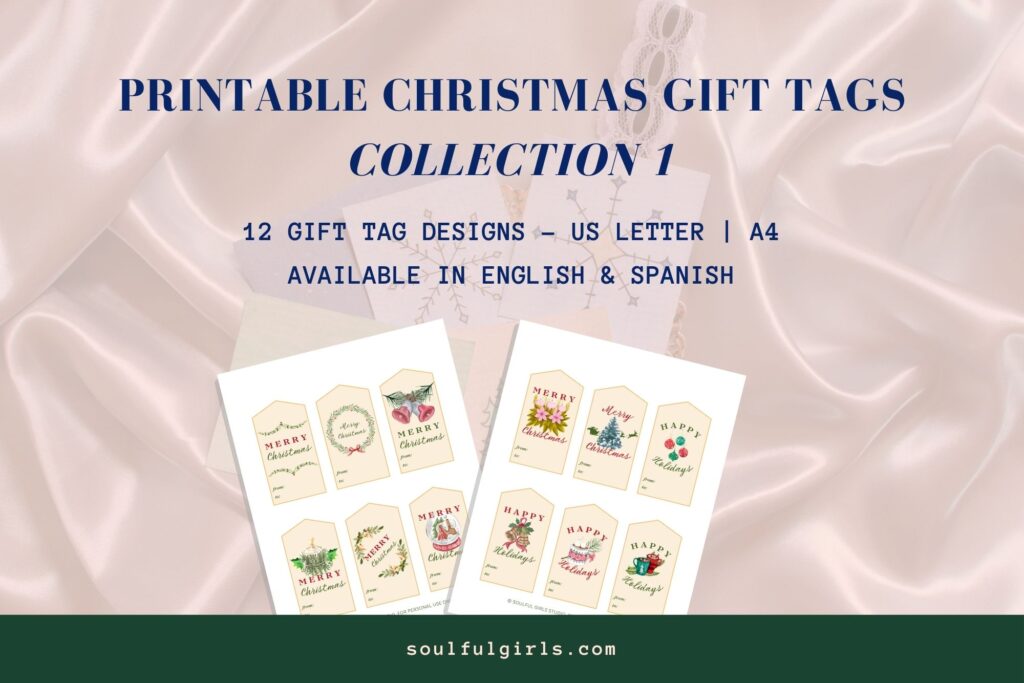 Printable Christmas Gift Tags - Collection 1. 12 gift tag designs. US letter and A4. Available in English and Spanish. Mockups of this printable gift tag collection.