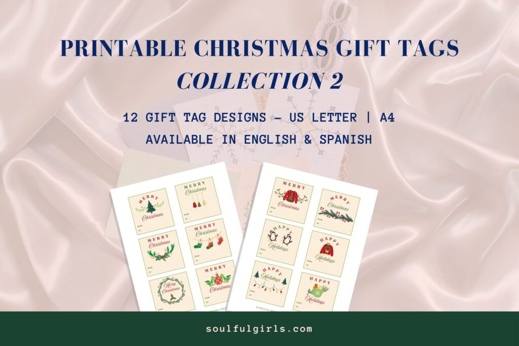 Printable Christmas Gift Tags - Collection 2. 12 gift tag designs. US letter and A4. Available in English and Spanish. Mockups of this printable gift tag collection.
