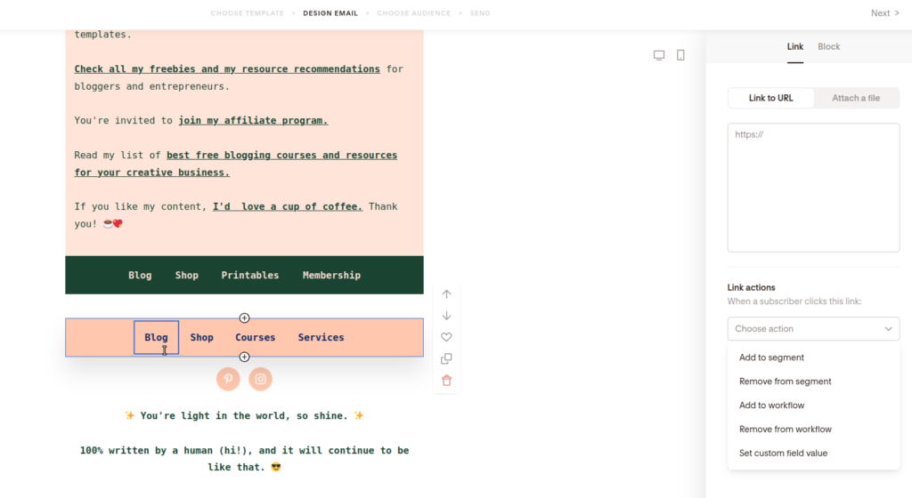 Screenshot of adding links to the link bar.