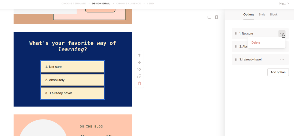 Screenshot of adding or deleting options in the poll block.