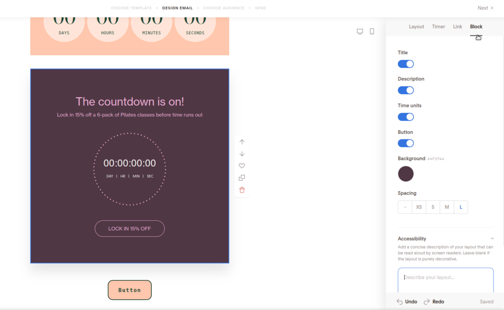 Screenshot of the block options for the countdown block.