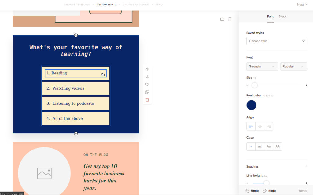 Screenshot of changing the font of the options in the poll block.