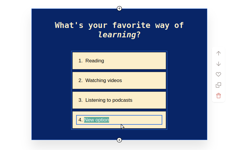 Screenshot of changing the name of the options in the poll block.