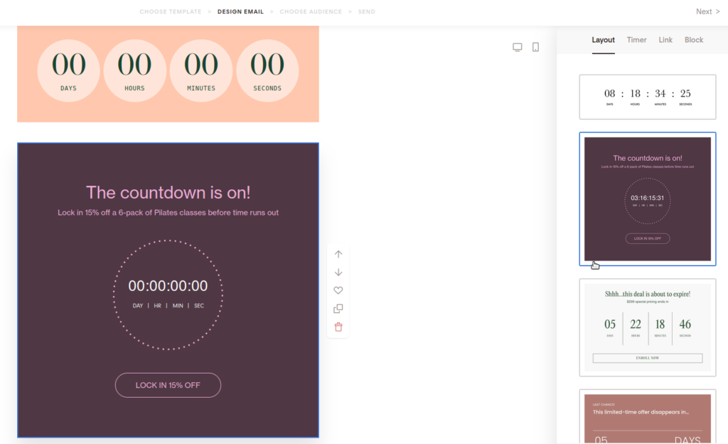 Screenshot of choosing a countdown layout.
