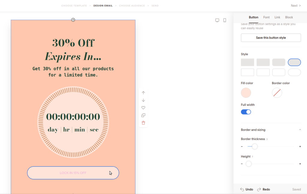 Screenshot of customizing the button of the countdown timer.