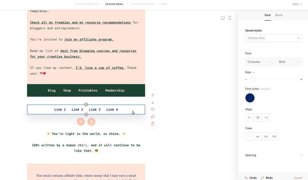 Screenshot of customizing the font of the link bar.
