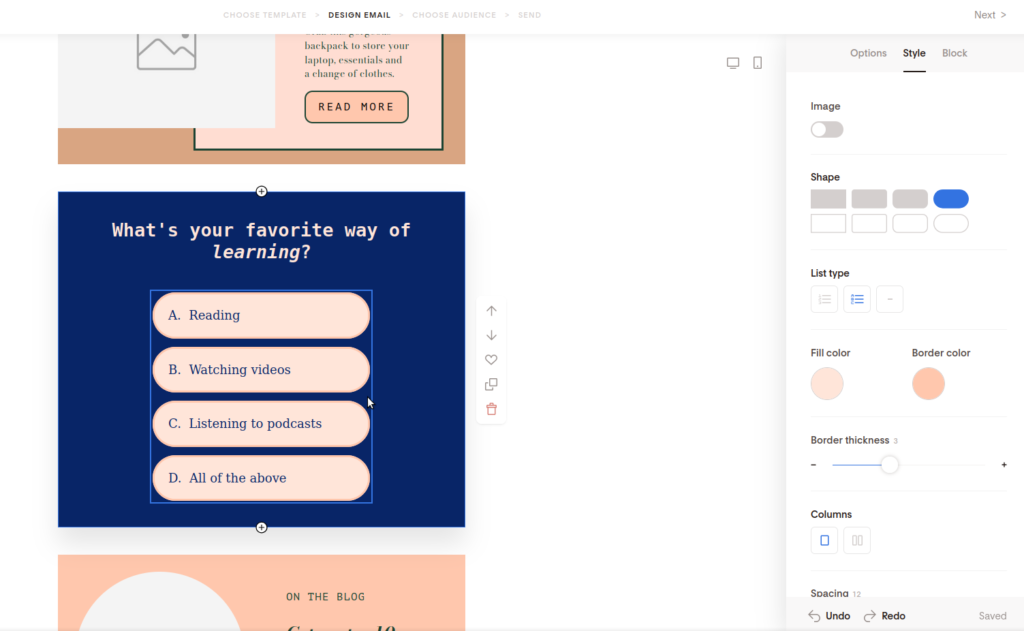 Screenshot of customizing the style of the options in the poll block.