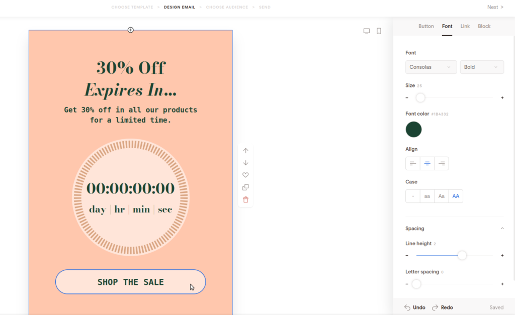 Screenshot of customizing the text of the button of the countdown timer.