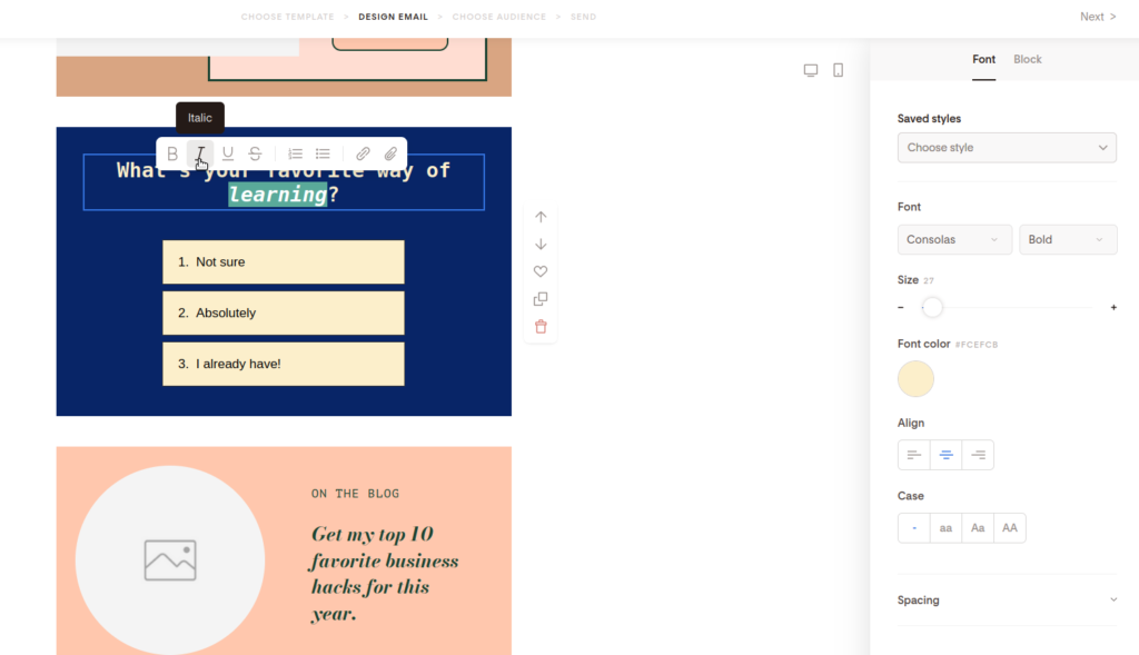 Screenshot of customizing the title of the poll block.