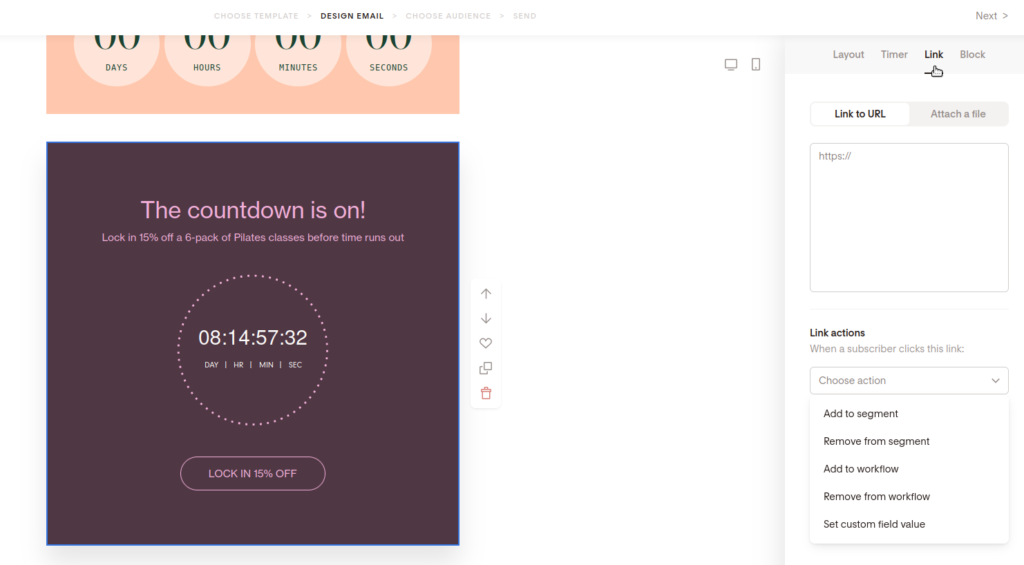 Screenshot of the link options for the countdown block.