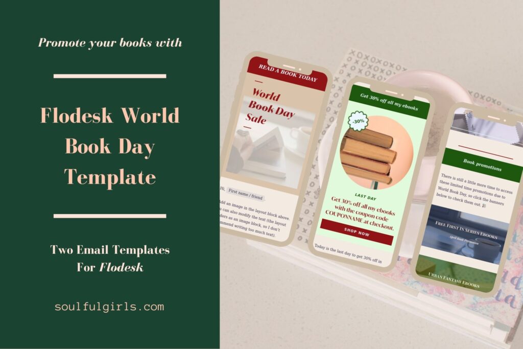 Flodesk World Book Day template. Two email templates for your World Book Day flash sale. Mobile mockups of this template.