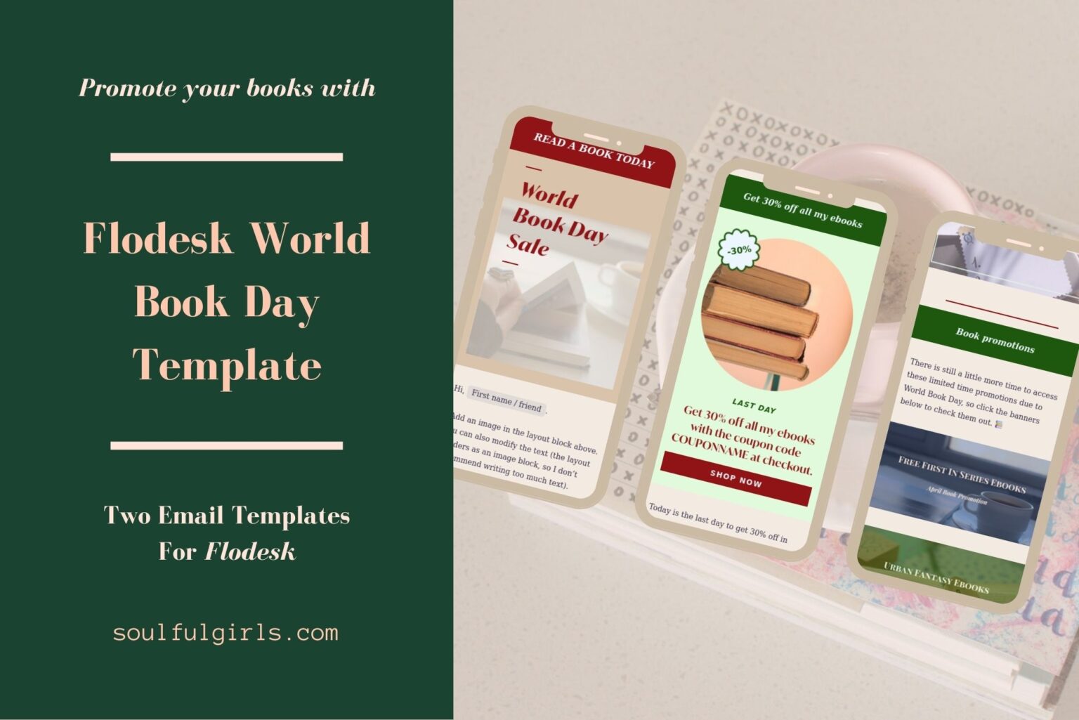 Flodesk World Book Day template. Two email templates for your World Book Day flash sale. Mobile mockups of this template.