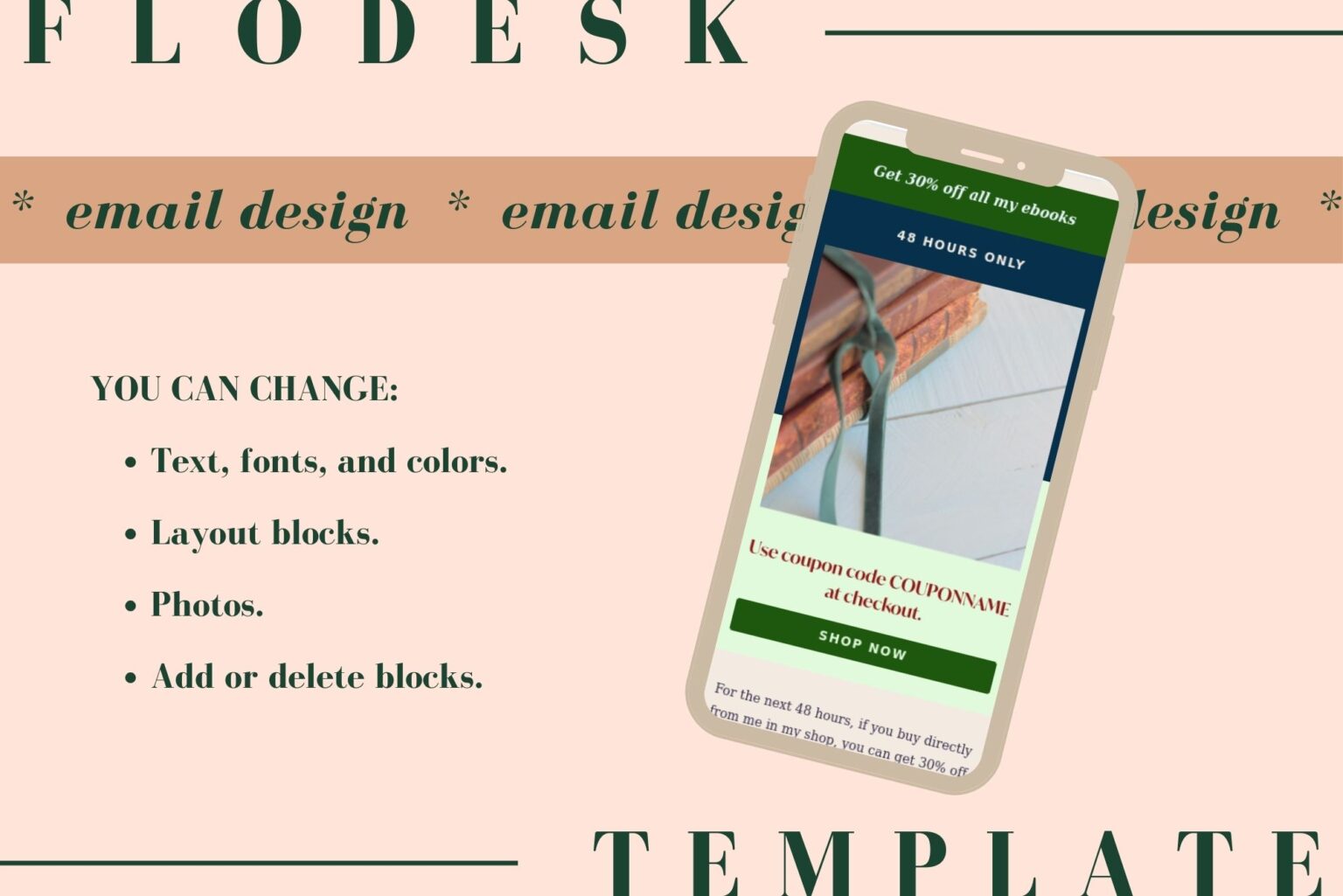 Fully customizable with a Flodesk account. You can change text, fonts, colors, layout blocks, photos, and add or delete elements. Mockup of the Flodesk World Book Day template.