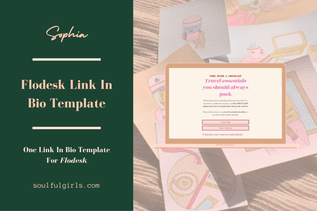 Sophia. Flodesk link in bio template. One link in bio template for Flodesk. Mockup of this template.