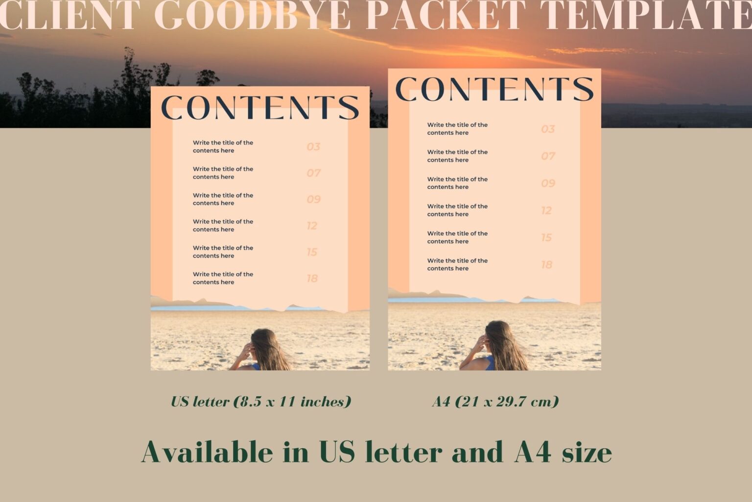 Example of a page from this client goodbye packet template in US letter size and in A4 size.