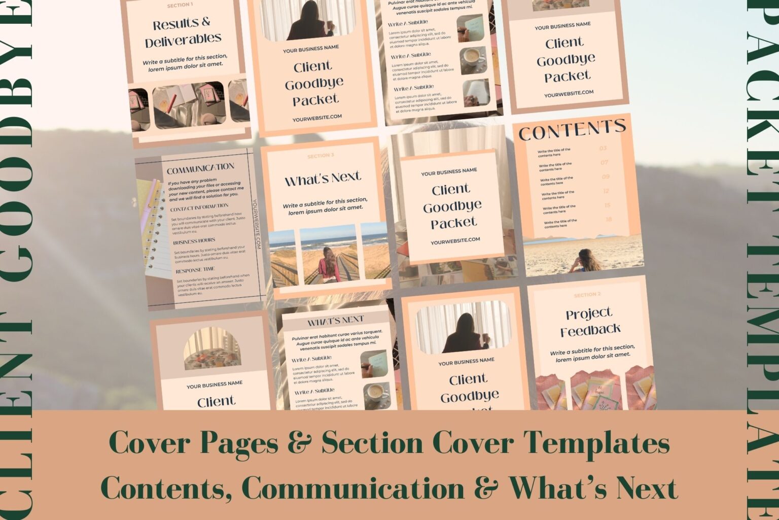 This client goodbye packet template for Canva includes cover pages and section cover templates. It also includes table of contents, communication, and what’s next templates. Example of some of the templates included.