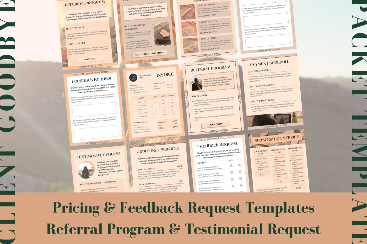 This client goodbye packet template for Canva includes pricing and feedback request templates. It also includes referral program templates and testimonial request templates. Example of some of the templates included.