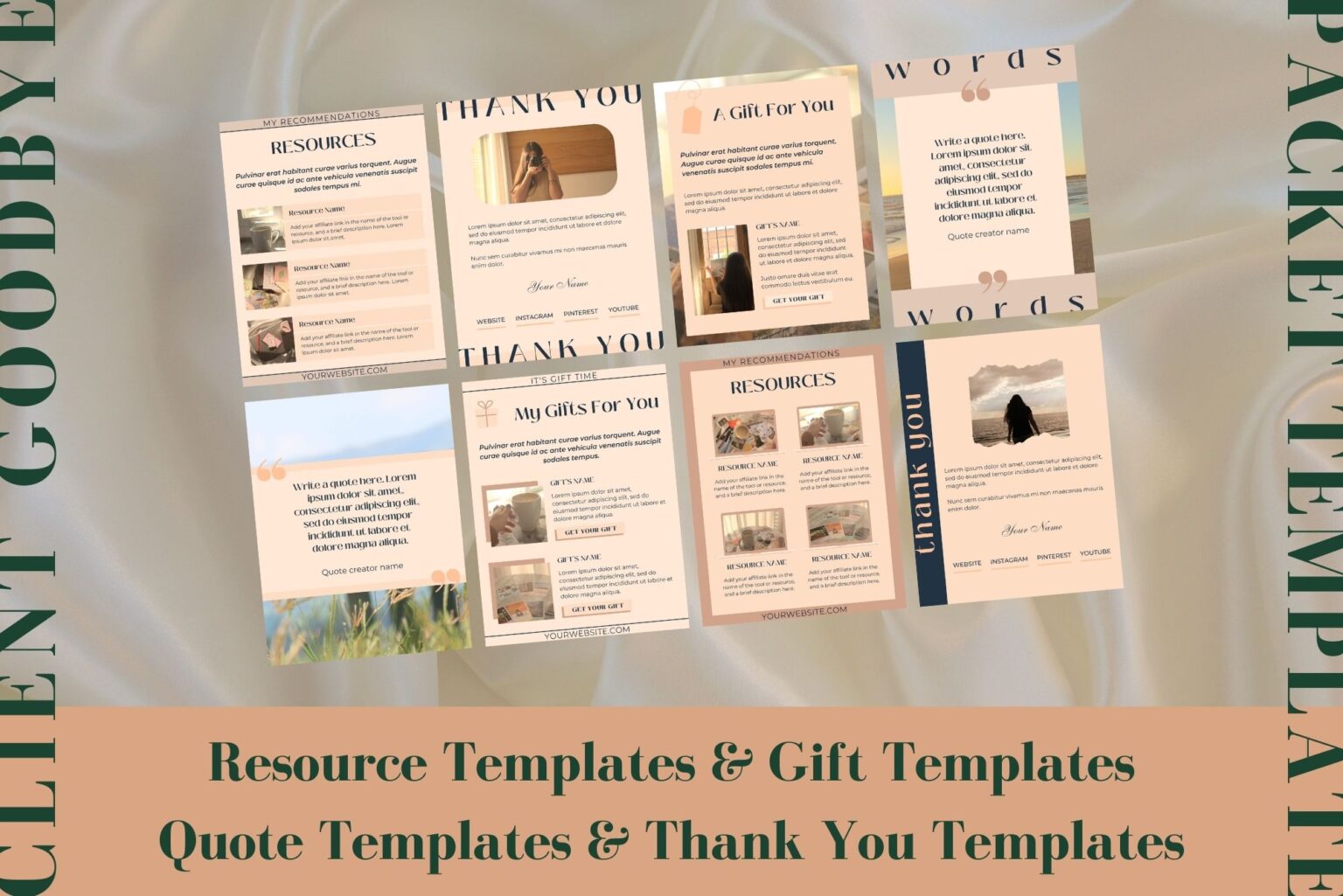 This client goodbye packet template for Canva includes resource templates and gift templates. It also includes quote templates and thank you templates. Example of some of the templates included.