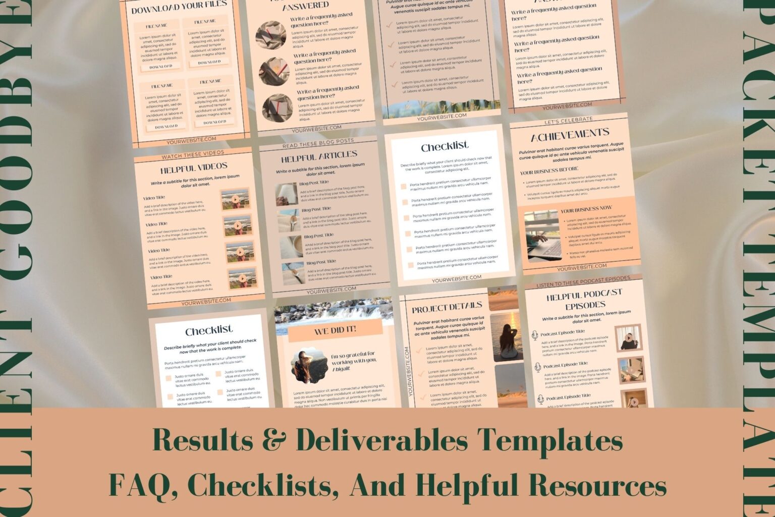 This client goodbye packet template for Canva includes results and deliverables templates. It also includes FAQ, checklists, and helpful resources templates. Example of some of the templates included.
