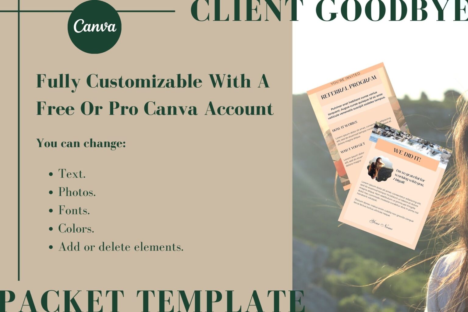 Fully customizable with a free or Pro Canva account. You can change text, photos, fonts, colors, and add or delete elements. Example of two templates included.
