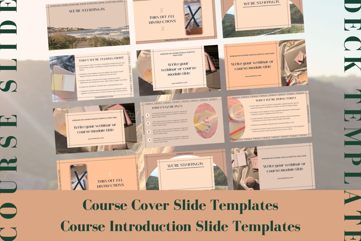 This course webinar slide deck template includes course cover slides and course introduction slide templates. Example of some of the templates included.