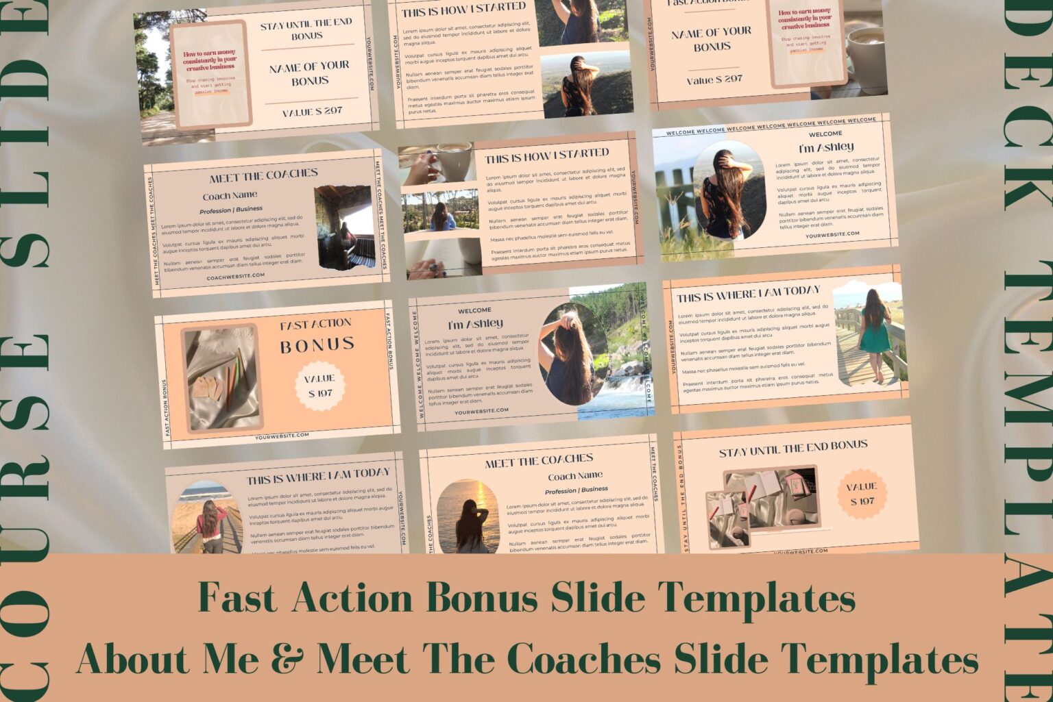 This course webinar slide deck template includes fast action bonus slide templates. It also includes about me and meet the coaches slide templates. Example of some of the templates included.