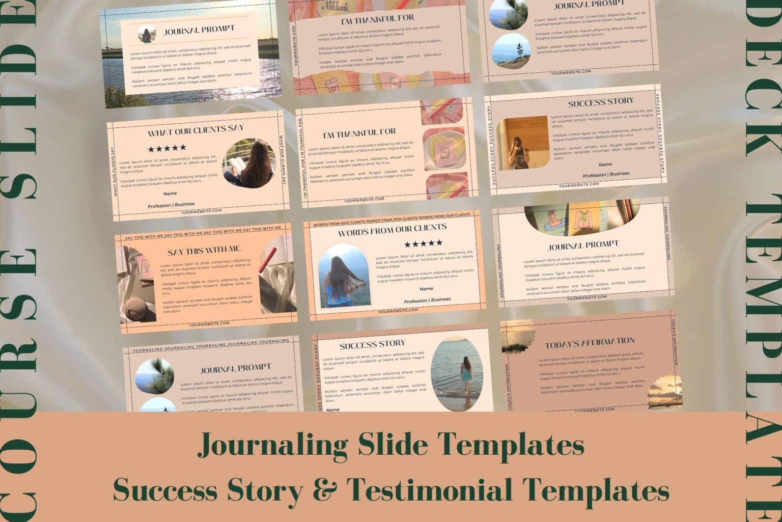 This course webinar slide deck template includes journaling slide templates. It also includes success story and testimonial slide templates. Example of some of the templates included.