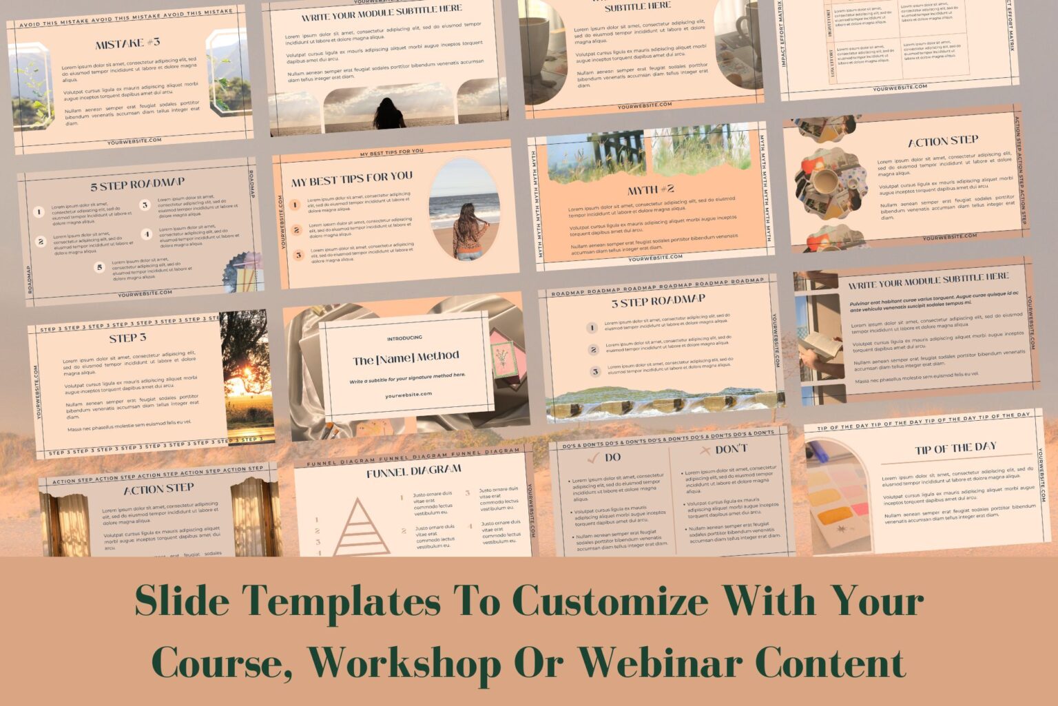 This course webinar slide deck template includes slide templates to customize with your course, workshop or webinar content. Example of some of the templates included.