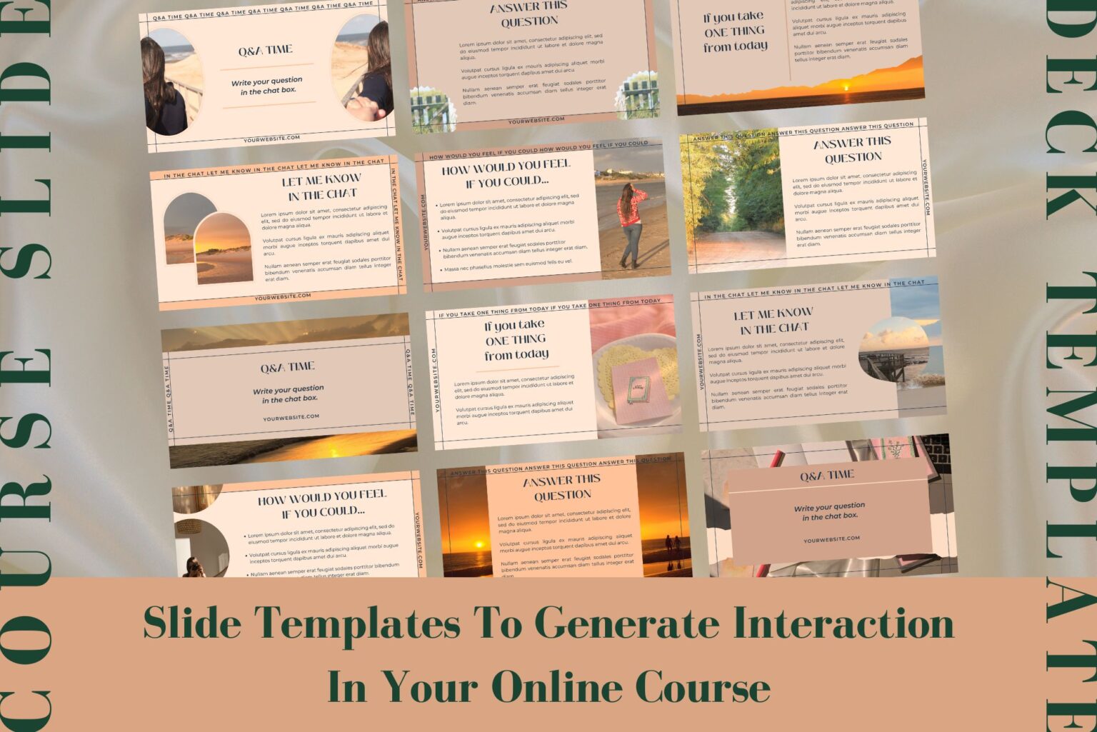 This course webinar slide deck template includes slide templates to generate interaction in your online course. Example of some of the templates included.