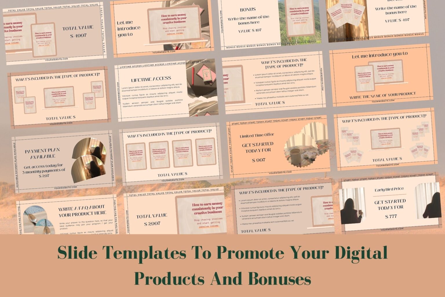 This course webinar slide deck template includes slide templates to promote your digital products and bonuses. Example of some of the templates included.