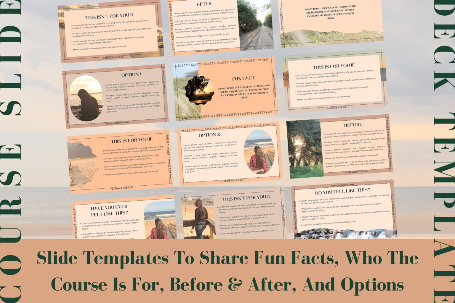 This course webinar slide deck template includes slide templates to share fun facts, who the course is for, before and after, and options. Example of some of the templates included.