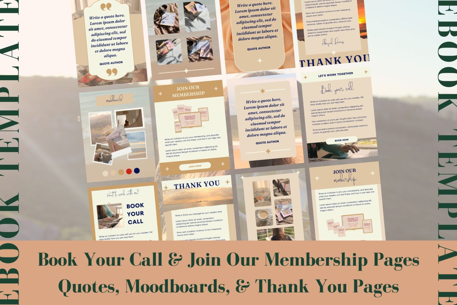 This ebook template for Canva includes book your call pages and join our membership pages. It also includes quotes, moodboards and thank you pages. Example of some of the templates included.