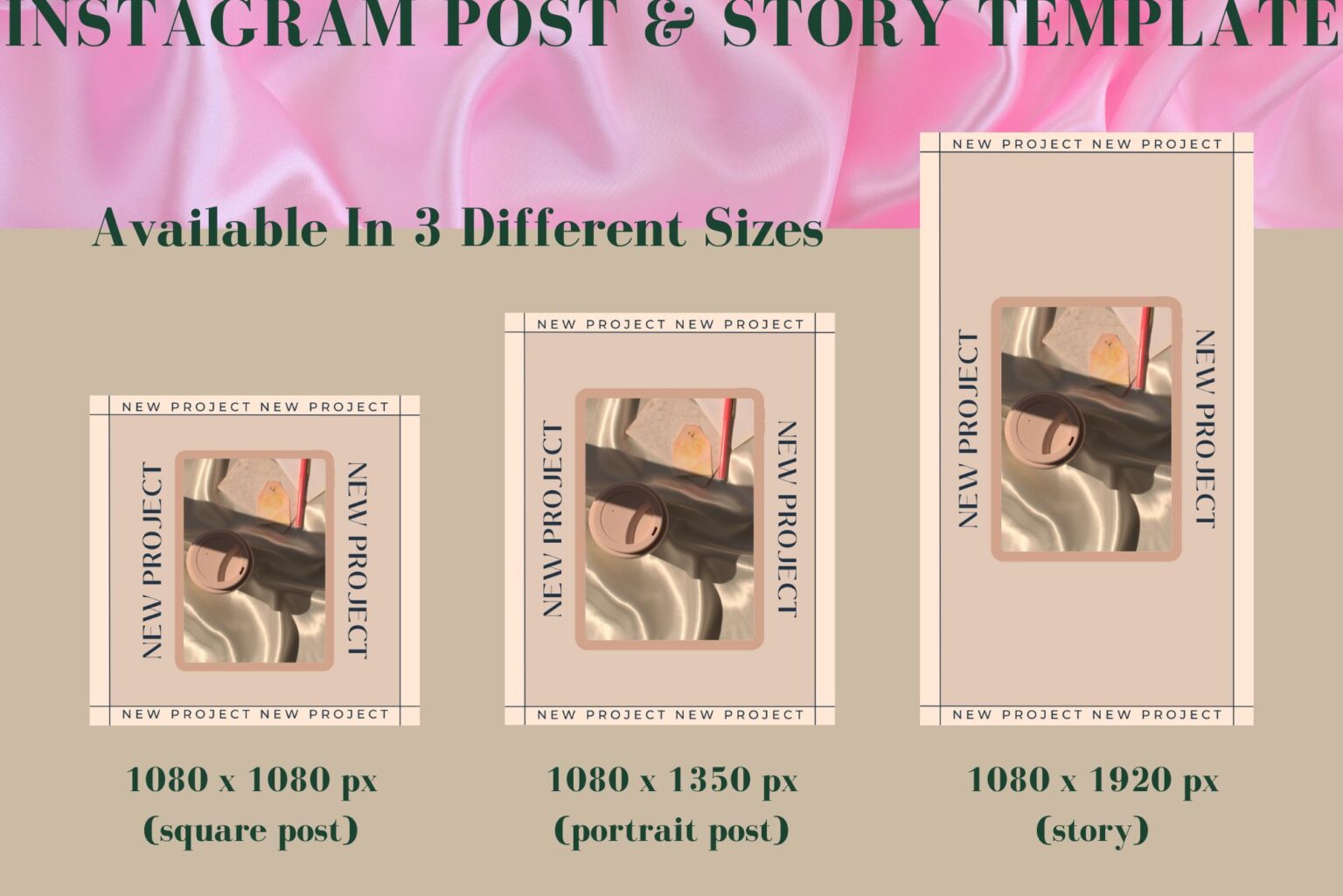 Example of one of the templates available in different sizes: Instagram square posts, Instagram portrait posts, and Instagram stories.