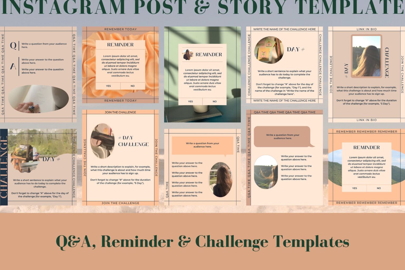 This Instagram post and story template for Canva includes Q&A, reminder and challenge templates. Example of some of the templates included.