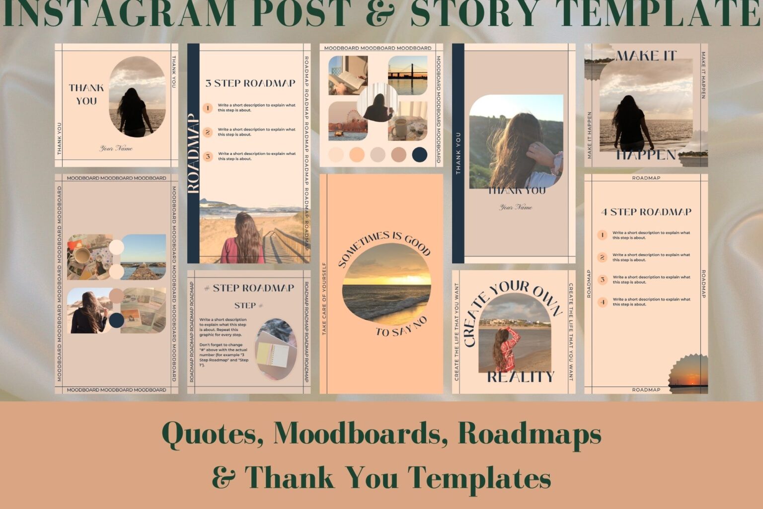 This Instagram post and story template for Canva includes quotes, moodboards, roadmaps and thank you templates. Example of some of the templates included.