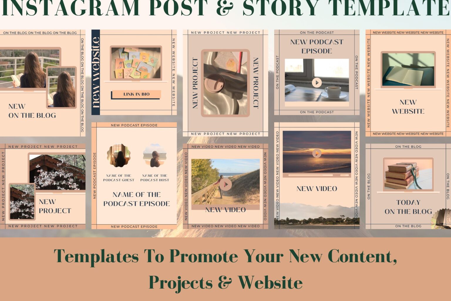 This Instagram post and story template for Canva includes templates to promote your new content, projects and website. Example of some of the templates included.