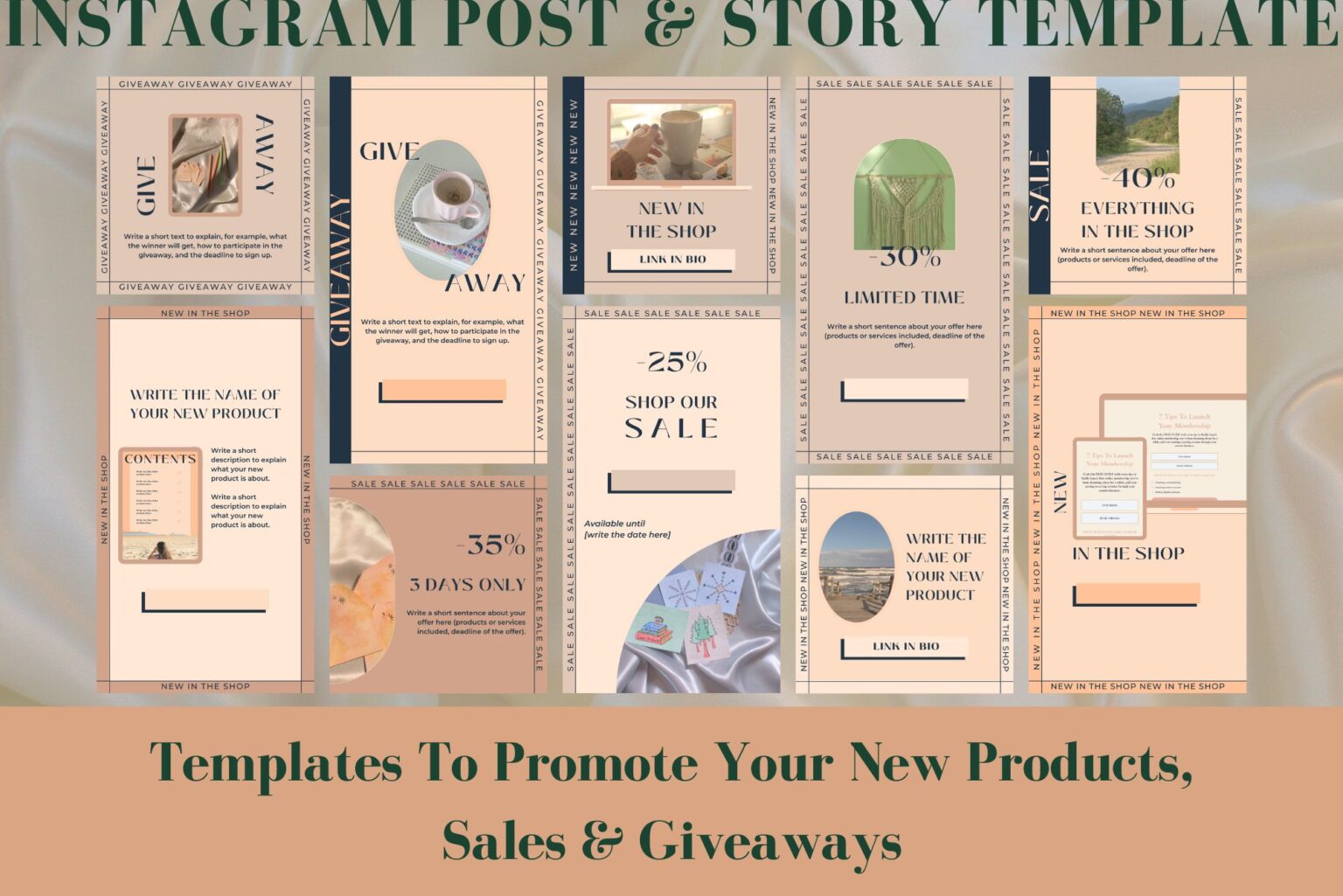 This Instagram post and story template for Canva includes templates to promote your new products, sales and giveaways. Example of some of the templates included.