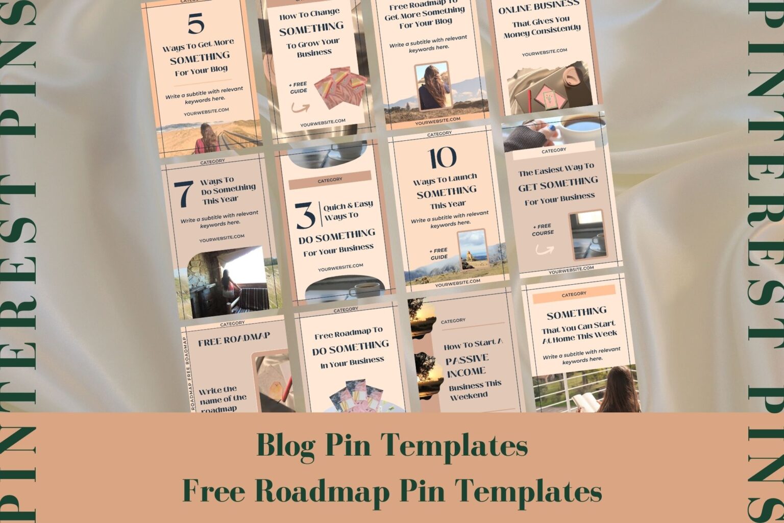 This Pinterest pin template for Canva includes blog pin templates and free roadmap pin templates. Example of some of the templates included.