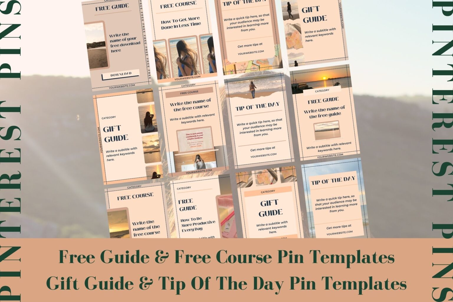 This Pinterest pin template for Canva includes free guide and free course pin templates. It also includes gift guide pin templates and tip of the day pin templates. Example of some of the templates included.