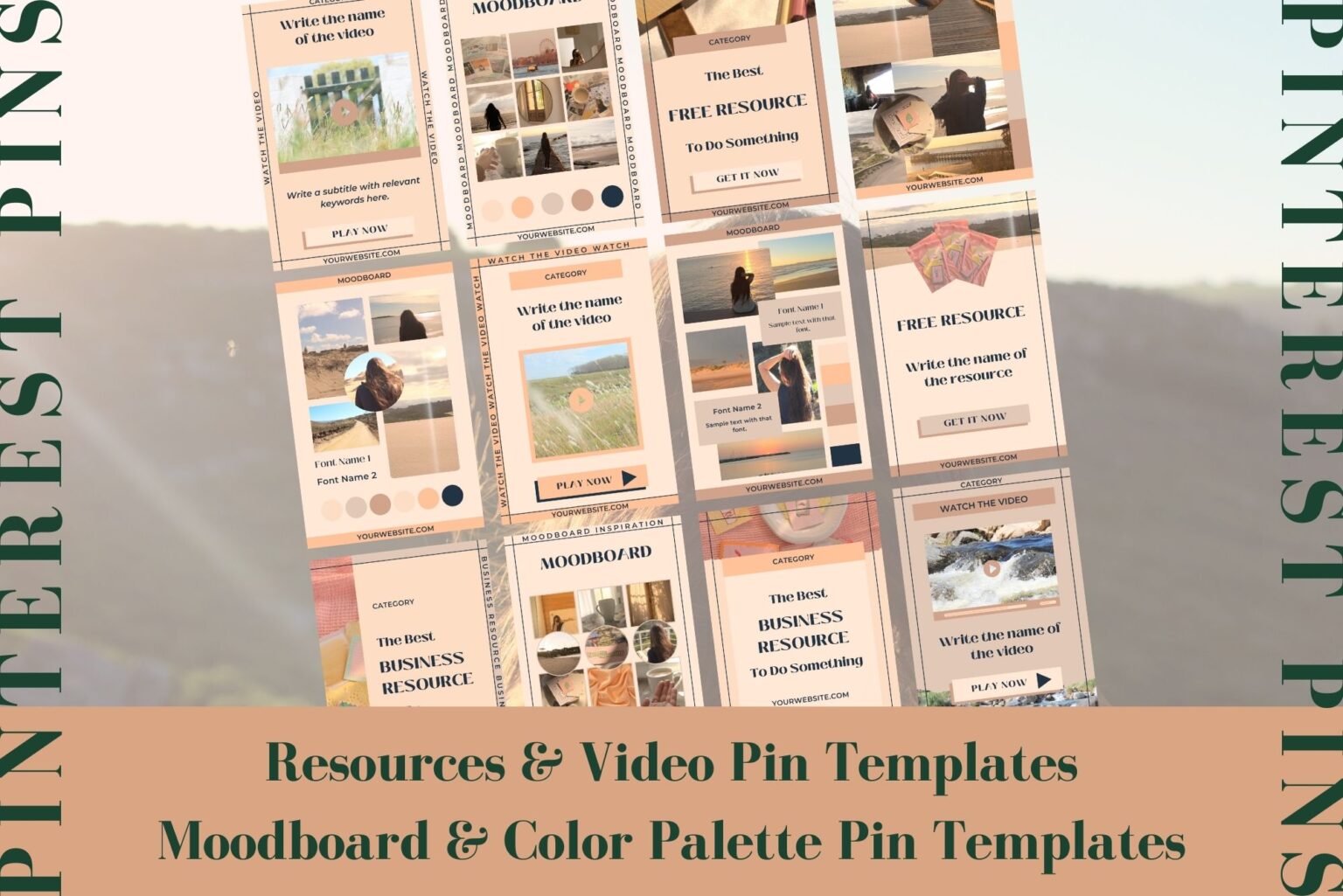 This Pinterest pin template for Canva includes resources and video pin templates. It also includes moodboard and color palette templates. Example of some of the templates included.