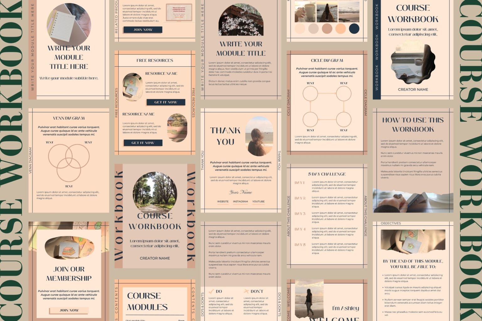 General view of the workbook pages from this Canva workbook template from our Ashley Collection.