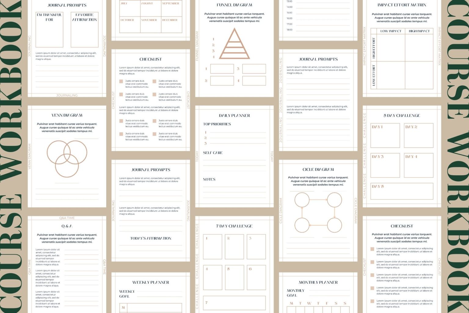 General view of the worksheet pages from this Canva workbook template from our Ashley Collection.