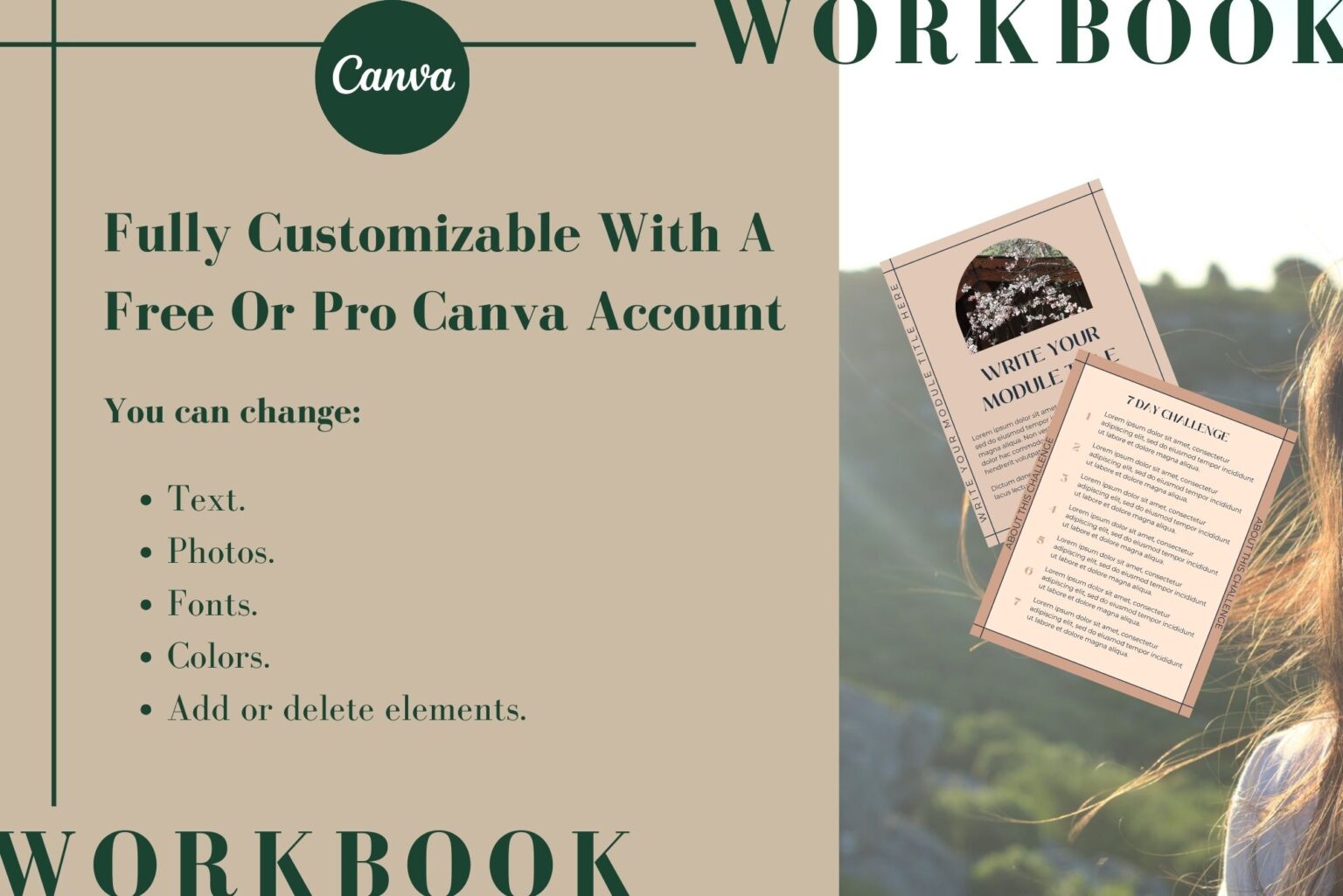 Fully customizable with a free or Pro Canva account. You can change text, photos, fonts, colors, and add or delete elements. Example of two templates included.