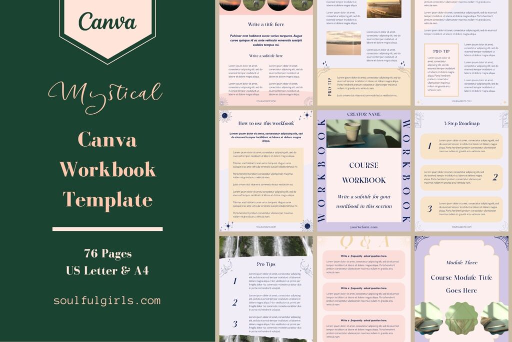 Canva Workbook Template - Mystical collection. This Canva template includes 76 pages, available in US letter and A4 size. Example of some of the templates included.
