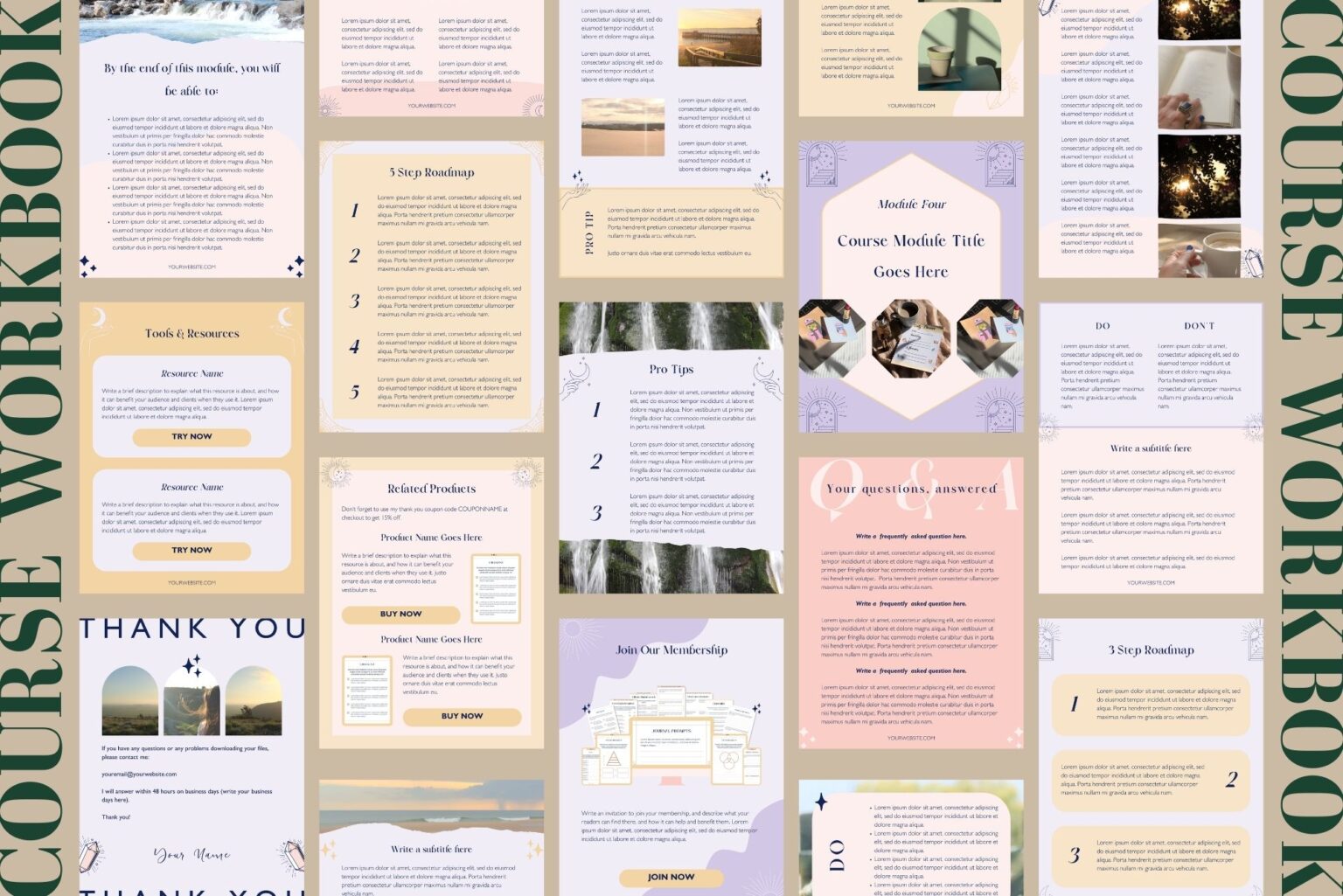 General view of the workbook pages from this Canva workbook template from our Mystical Collection.