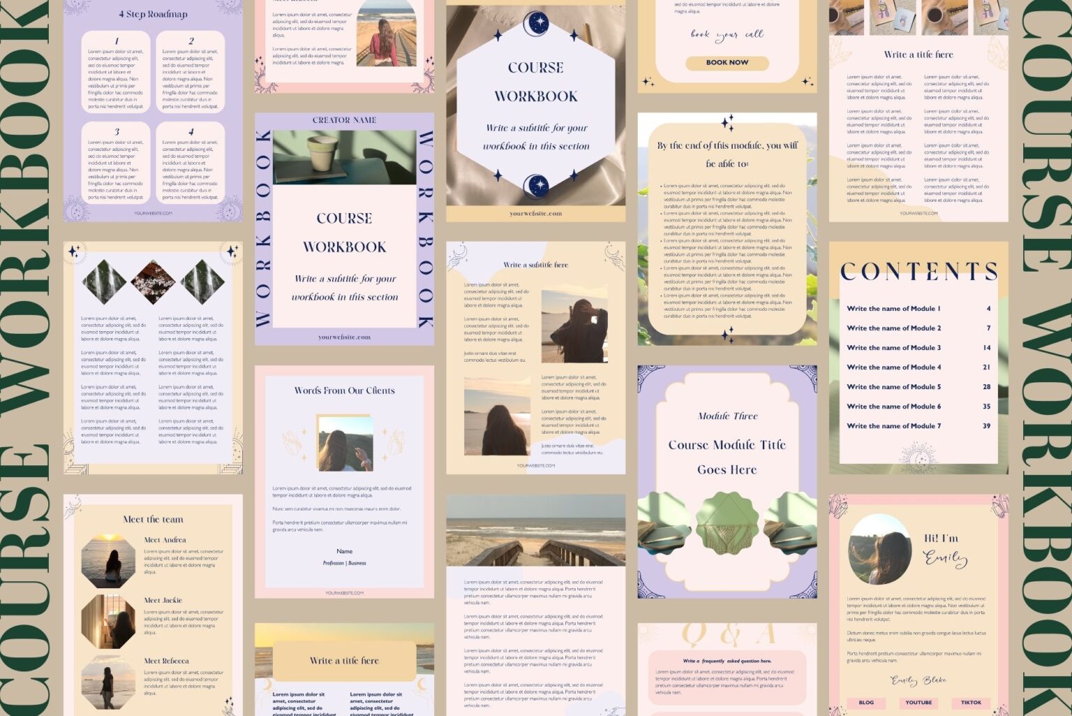 General view of the workbook pages from this Canva workbook template from our Mystical Collection.