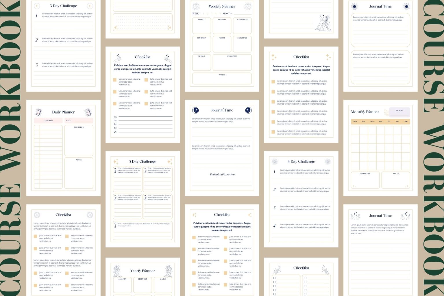 General view of the worksheet pages from this Canva workbook template from our Mystical Collection.