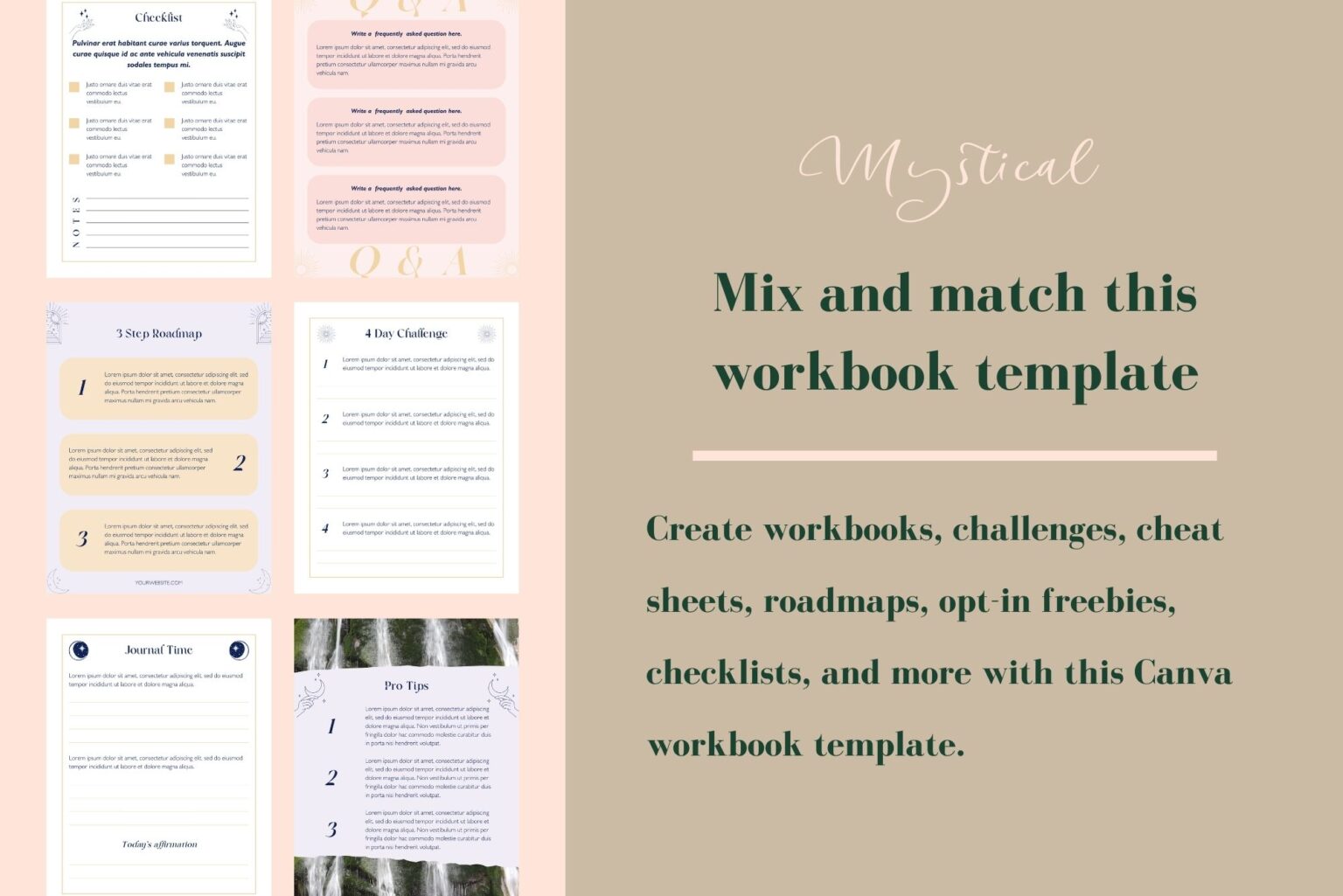 Mix and match this Canva workbook template. Create workbooks, challenges, cheat sheets, roadmaps, opt-in freebies, checklists, and more with this Canva workbook template. Example of some of the templates included in this workbook template.