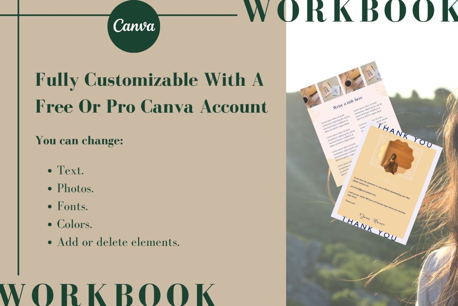 Fully customizable with a free or Pro Canva account. You can change text, photos, fonts, colors, and add or delete elements. Image of two of the templates included.