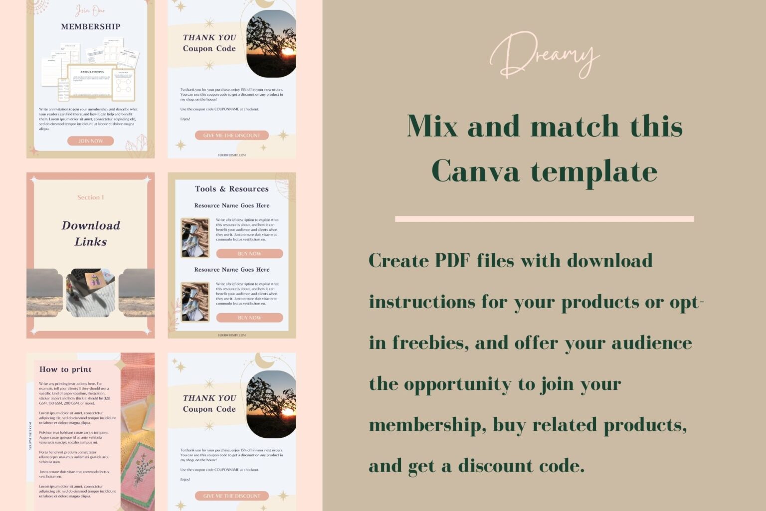 Mix and match this Canva template. Create PDF files with download instructions for your products or opt-in freebies. Example of some of the templates included.
